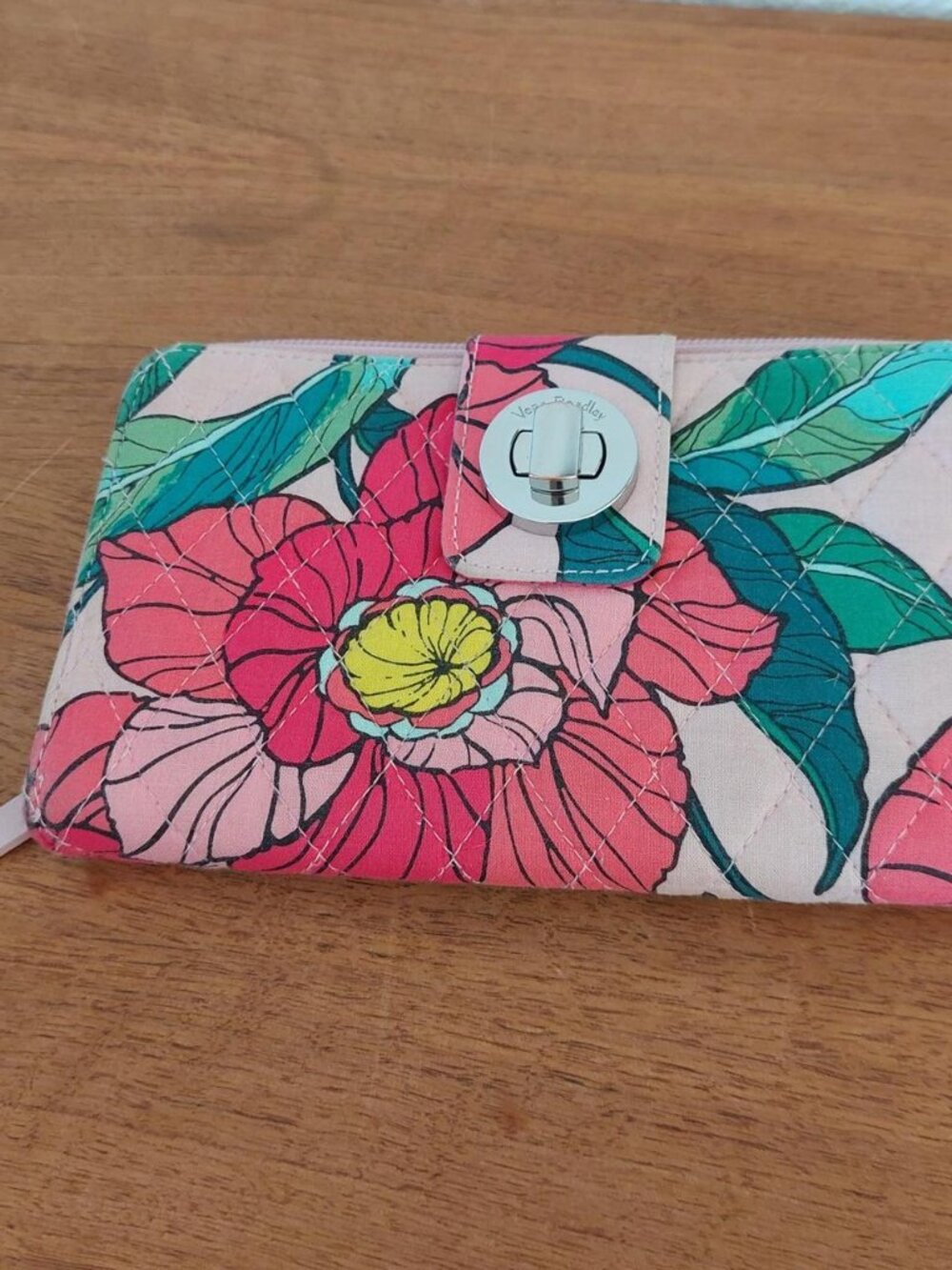 Vera Bradley pink, green, and yellow floral print wallet with quilted design #fl